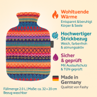 Fashy Wärmflasche  2 Liter mit Peru-Design Bezug – hochwertige Thermoplast-Flasche mit kuscheligem Strickbezug für Wärme & Schmerzlinderung