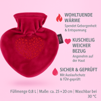 Fashy Herzwärmflasche 0,7 L mit Bezug – romantische Wärmflasche im Herz-Design aus Thermoplast, abnehmbar & umweltfreundlich